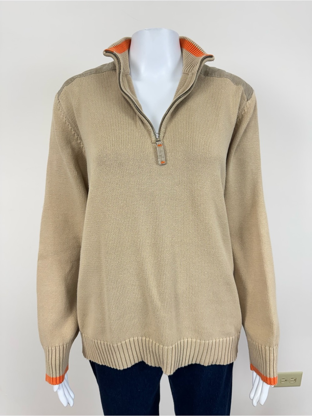 Shanghai Tang Cotton Quarter Zip Sweater Beige Orange Dragon Patch Embroidery - Picture 9 of 10